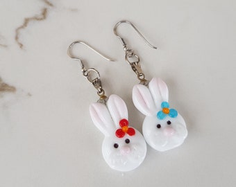 Easter Bunny Glass Earrings, Lampwork Mismatched Dangle, White Rabbit Kawaii Earrings, Easter Basket Stuffers, Easter Gift for Girls