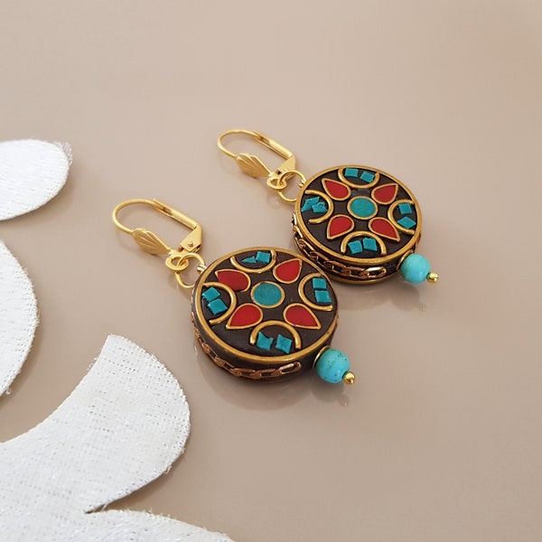 Tribal Boho Circle Earrings, Ethnic Mosaic Tibetan Jewelry, Gypsy Leverback Earrings, Oriental Turquoise Dangle, Unique Birthday Gift Her