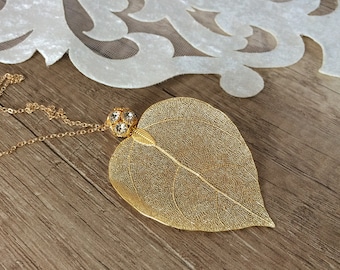 Real Leaf Gold Long Necklace, Cottagecore Nature Wedding Jewelry, Natural Plant Big Pendant, Woodland Large Dainty Pendant, Unique Gift Her