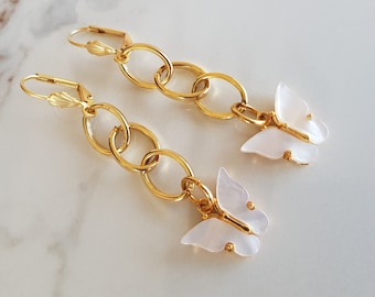 Gold chunky link chain earrings with butterfly, Dainty anti tarnish dangle, Cottagecore jewelry, Pearlescent drop