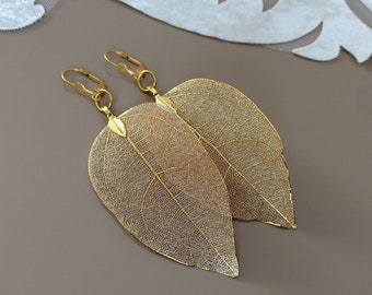 Real Leaf Gold Plated Earrings, 18K Gold Dipped Wedding Jewelry, Bridal Leaves Earrings, Woodland Natural Dangle, Unique Birthday Gift