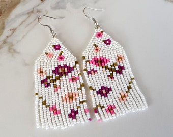 Seed Bead Spring Flowers Earrings, Sakura Fringe Dangling, Bohemian Floral Jewelry, Vivid Blossom Long Earrings, Tassel Boho Dangle