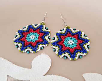 Huichol Art Star Earrings, Large Circular Mexican Earrings