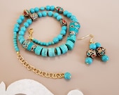 Navajo Turquoise & Nepal Bead Jewelry Set, Southwestern Necklace Earrrings Set, Gypsy Tribal Boho Gemstone Necklace, Birthday Gift Her
