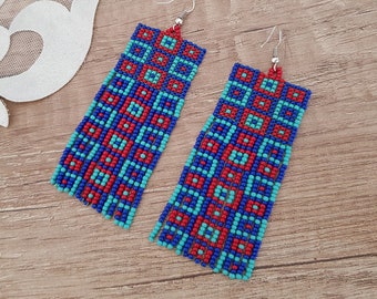 Granny Square Fringe Earrings, Shoulder Duster Seed Bead Long Dangle, Big Bold Tassel Earrings, Beaded Bohemian Women Jewelry