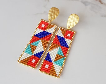 Rectangle Bead Earrings, Asymmetric Geometric Colorful Long Earrings, Gold Plated Stud Dangle, Party Jewelry, Gift For Her