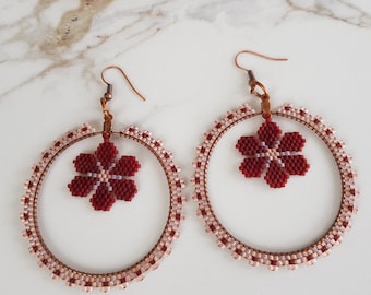 Flowery Hoop Large Earrings, Burgundy Pink Copper Beaded Circular Earrings, Open Circle Daisy Dangle, Birthday Gift Her