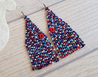 Seed Bead Confetti Fringe Earrings, Handwoven Multicolored Dangle, Boho Hippie Jewelry, Beaded Triangle Vibrant Earrings