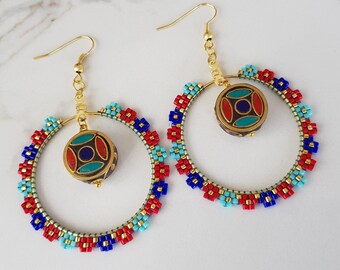 Ethnic Bead Hoop Earrings, Tribal Fusion Jewelry, Red Blue Bead Earrings, Nepal Beaded Circle Earrings, Colorful Tiny Daisy Gold Hoops