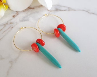 Turquoise Spike Hoops, Coral Dangle Hoop Earrings, Gold Plated Small Hoops, Red Blue Circle Jewelry, Boho Summer Earrings, Birthday Gift Her