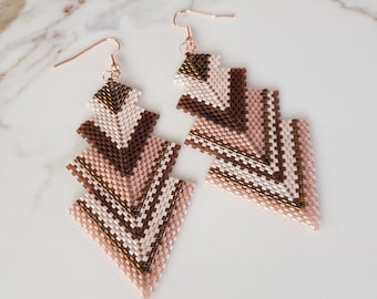 Geometric Triangle Arrow Earrings, Triangular Soft Pink Brown Beaded Large Earrings, Pastel Color Lightweight Big And Long Dangle Earrings