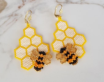 Honeycomb Busy Bee Earrings, Seed Beaded Brick Stitch Drop, Geometric Nature Dangle, 3D Three - Dimensional Yellow Summer Cute Jewelry