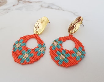 Orange Blue Earrings, Floral Seed Bead Round Earrings, Gold Plated Stud Boho Dangle, Brick Stitch Flower Women Jewelry