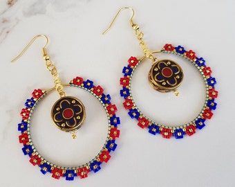 Bright Beaded Hoop Earrings, Unique Nepal Ethnic Jewelry, Red Dark Blue Circle Earrings, Boho Style Summer Earrings, Birthday Gift Her
