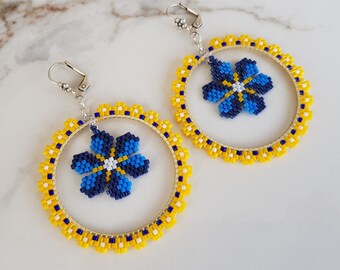 Daisy Large Hoop Earrings, Indigo Yellow Color Miyuki Seed Beaded Circle Dangle, Blue Spring Jewelry