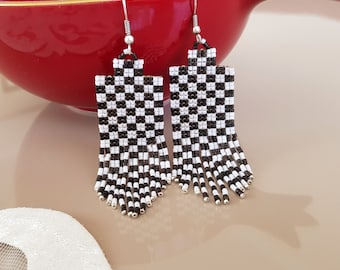 Checkerboard Seed Bead Earrings, Monochrome Checker Fringe Earrings, Black White Jewelry, Chequer Tassel Earrings, Birthday Gift Girlfriend