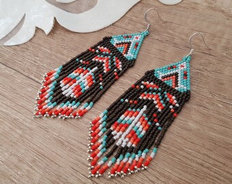 Native American Style Fringe Earrings, Beaded Feather Triangle Large Tassel Dangling, Tribal Boho Jewelry, Gift Her