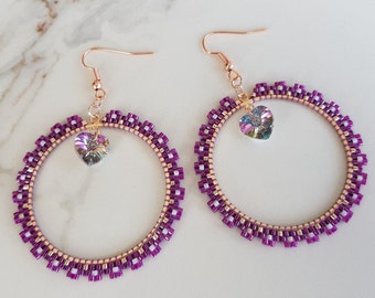 Lavender Purple Pink Hoop Earrings, Crystal Heart Dangle, Seed Beaded Slow Gifting, Rose Gold Earrings