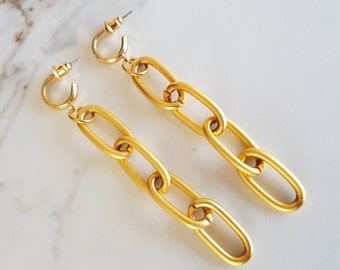 Wide gold chunky chain link earrings, 18K matte gold plated paperclip chain earrings, Fashion punk jewellery, Trendy big bold party dangle