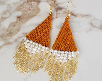 Pearl Beads Chain Fringe Earrings, Cinnamon Color Seed Beads Triangle Tassel Dangle, Jewelry Anniversary Gift for Her