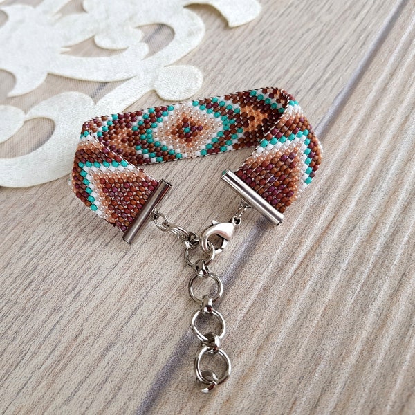 Beaded Loom Indigenous Bracelet, Brown Turquoise Seed Bead Woven Narrow Cuff, Bohemian Jewelry