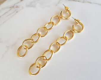 Gold chunky link chain earrings, Trendy large long minimalist stud drop, Gold plated oval thick chain dangle, Anti tarnish modern jewelry