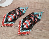 Native Seed Bead Feather Fringe Earrings, Triangle Large Tassel Dangling, Tribal Boho Jewelry, Long Statement Dangle