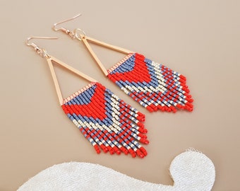 Seed Beaded Triangle Fringe Native Earrings, Tribal Ethnic Chevron Dangle, Southern Small Earring, Traditional Western Boho Chic Jewelry