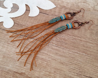 Feather Fringe Leather Earrings, Shoulder Duster, Western Cowgirl Earrings, Tassel Boho Hippie Jewelry, Copper Long Beaded Dangle, Gift Her