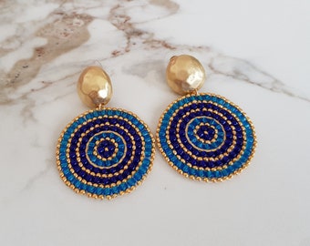 Seed Bead Disc Teal Earrings, Big Bold Circle Earring, Statement Royal Blue Jewelry, Large Round Earring, Oversized Dangle, Girlfriend Gift