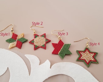May include: Four pairs of star-shaped earrings with gold-colored hooks. The earrings are made of small beads in red, green, and gold. Each pair has a different color pattern. The text "Style 1", "Style 2", "Style 3", and "Style 4" is visible.