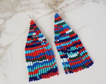 Multicolor Seed Bead Fringe Earrings, Asymmetric Mismatched Dangle, Beaded Abstract Boho Hippie Jewelry, Wearable Art, Gift For Her