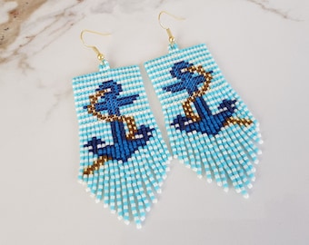 Seed Bead Ship Anchor Fringe Earrings, Sailor Blue Large Tassel Dangle, Nautical Summer Jewelry, Striped Sea Marine Earrings, Gift For Her