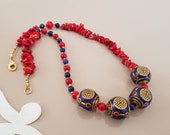 Tibetan Brass Bead Lapis Coral Necklace, Ethnic Bead Boho Necklace, Nepal Tribal Gypsy Jewelry, Statement Gemstone Necklace, Birthday Gift