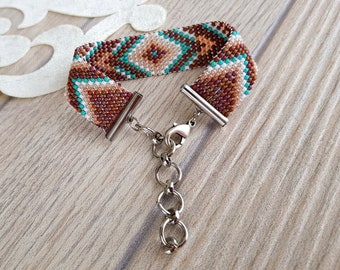 Beaded Loom Indigenous Bracelet, Brown Turquoise Seed Bead Woven Narrow Cuff, Bohemian Jewelry