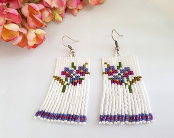 Seed Bead Spring Wild Flower Earrings, Small Floral Fringe Dangle, Bright Colourful Flowers Tassel Jewelry, Girlfriend Gift