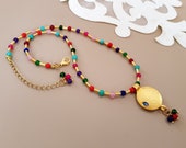 Multi Color Beaded Necklace, Evil Eye Gold Necklace, Boho Bead Choker, Y2k Necklace, Unique Birthday Gift Her