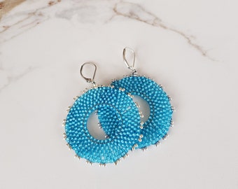 Sky Blue Hoop Earrings, Seed Bead Statement Earrings, Boho Chic Jewelry, Large Round Earrings, Big Bold Circle Dangle