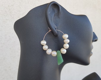 Modern Pearls Hoop Earrings, Green Aventurine Jewelry, Hoop Gold Earrings, June Birthstone, Freshwater Pearl Earrings, Anniversary Gift Her