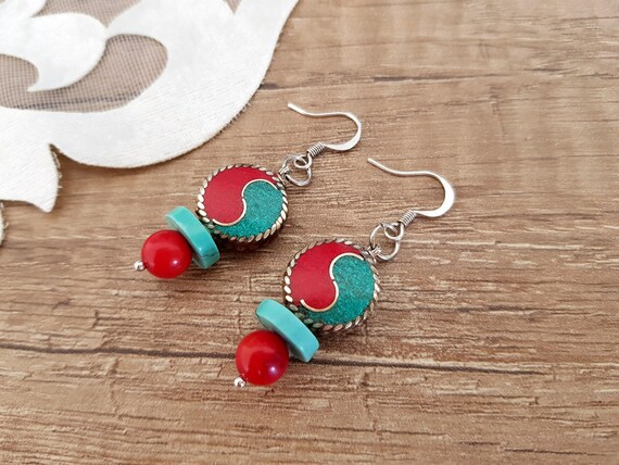 Large Lightweight Earrings White Coral Earrings Big Dangle Round Earrings Polymer Handmade Jewelry | Boho Ethnic Jewelry
