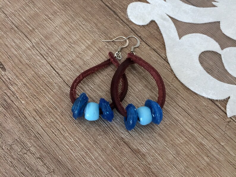 Birthday Gift Earthy Rustic Dangle Glass Beaded Earrings Boho Leather Earrings Leather Hoop Drop Bohemian Jewelry Teardrop Earrings