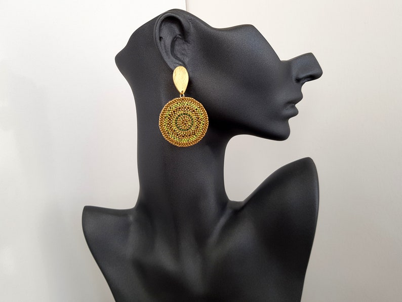 Green Circle Bead Earrings, Post Dangle Large Round Earrings, Gold Big Disc Stud Dangle, Geometric Boho Earrings, Gift for Her image 6
