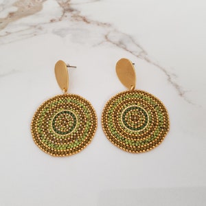 Green Circle Bead Earrings, Post Dangle Large Round Earrings, Gold Big Disc Stud Dangle, Geometric Boho Earrings, Gift for Her image 7