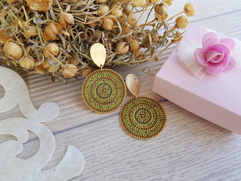 Green Circle Bead Earrings, Post Dangle Large Round Earrings, Gold Big Disc Stud Dangle, Geometric Boho Earrings, Gift for Her image 1