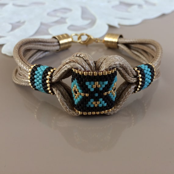 Seed Bead Navajo Bracelet, Leather Cuff, Boho Western  display picture 1