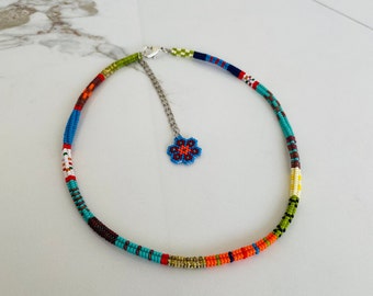 Colorful Beaded Summer Choker, Adjustable Herringbone Handwoven Miyuki Rope Necklace, Boho Jewelry