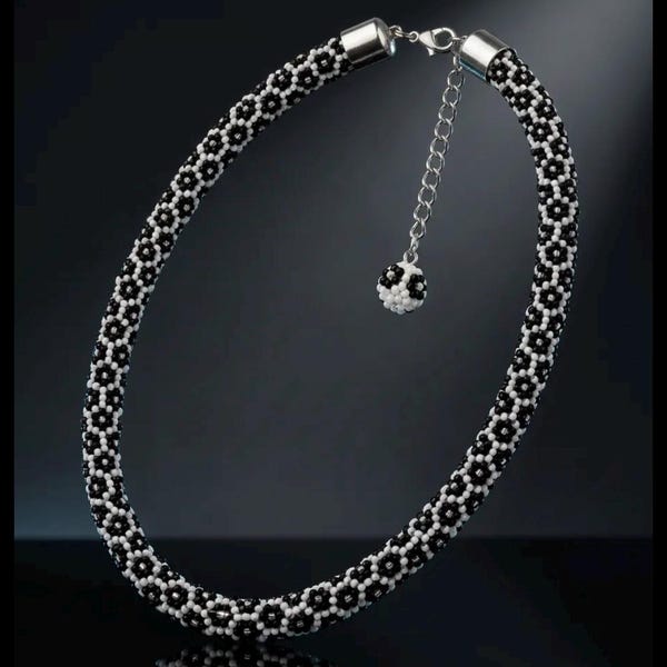 Black & White Beaded Choker: Handwoven Daisy Necklace