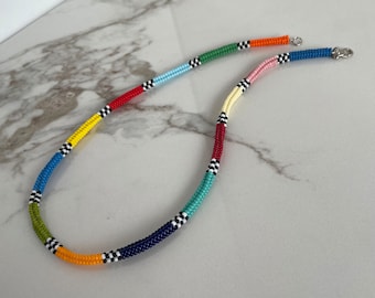 Seed Bead Necklace, Handmade Colorful Bohemian Gift, Multicolor Choker, Handwoven Glass Beaded Minimal Jewelry, Birthday Gift Women