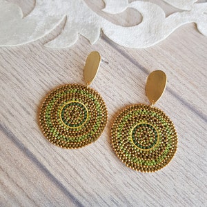 Green Circle Bead Earrings, Post Dangle Large Round Earrings, Gold Big Disc Stud Dangle, Geometric Boho Earrings, Gift for Her image 9