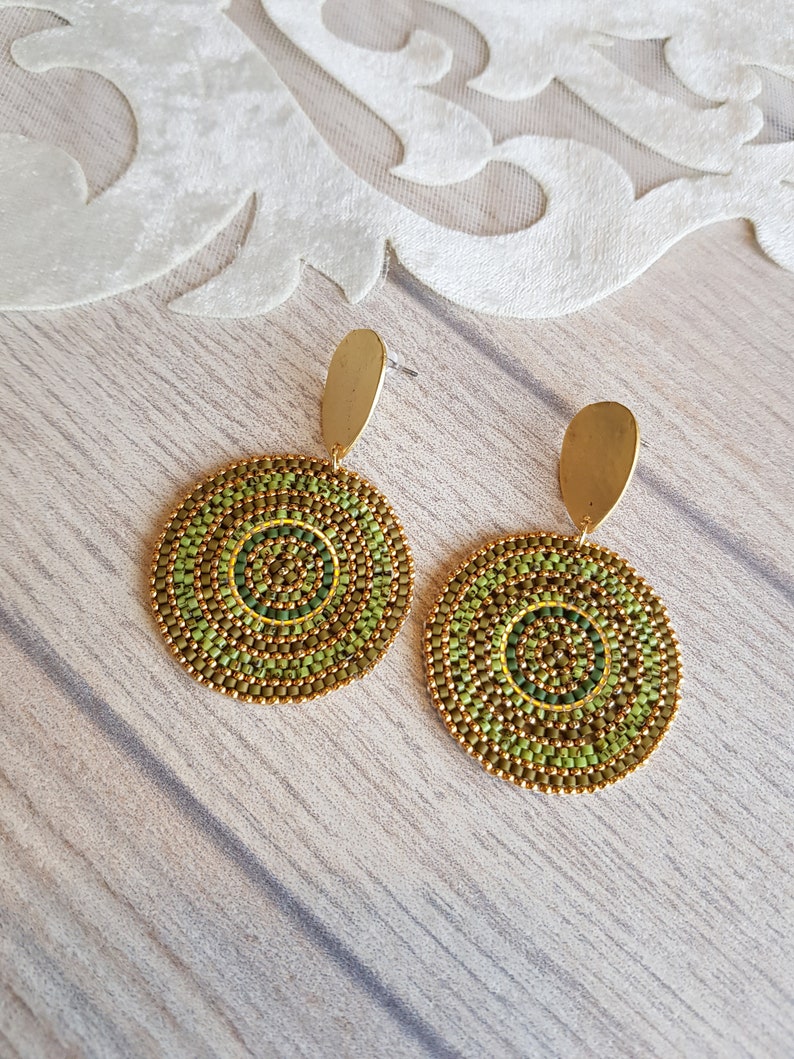 Green Circle Bead Earrings, Post Dangle Large Round Earrings, Gold Big Disc Stud Dangle, Geometric Boho Earrings, Gift for Her image 9